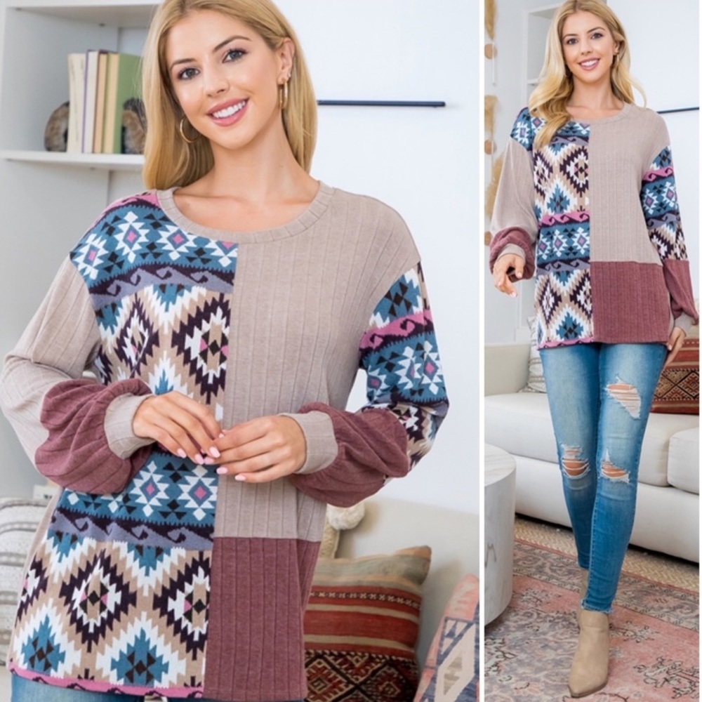 Perfect Peach Patchwork Aztec Long Sleeve Tunic Top